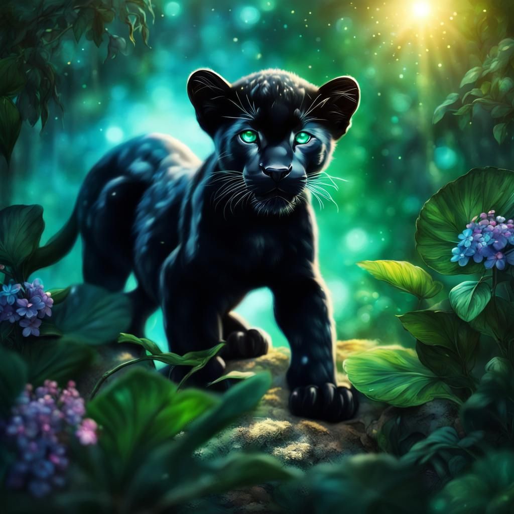 Emerald-Eyed Panther Cub in a Glowing Jungle