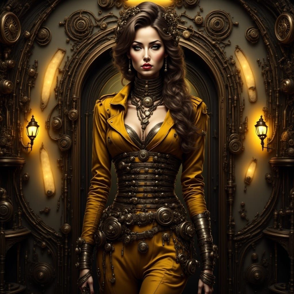 Steampunk Woman on Balcony in Bronze Blouse