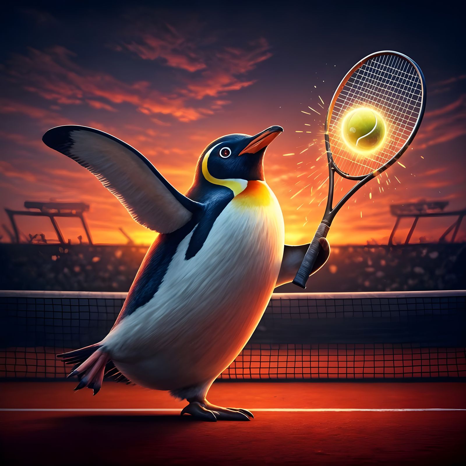 Penguin Playing Tennis in Impasto Watercolor