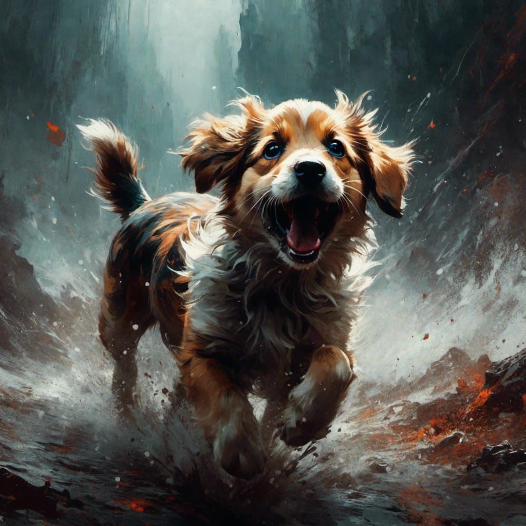 Happy Puppy in Macabre Style, Detailed 8K Art