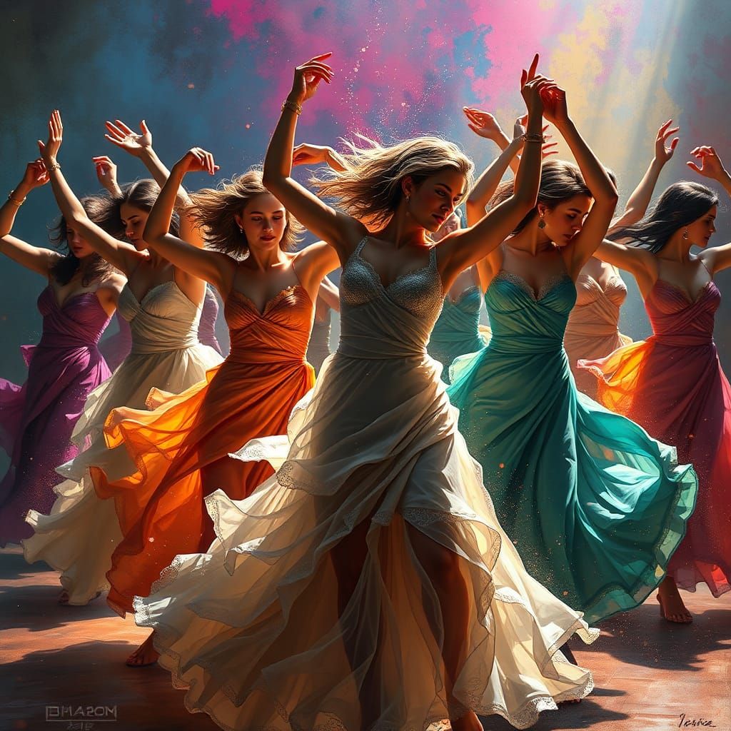 Hyperrealistic Nine Ladies Dancing in Splash Art