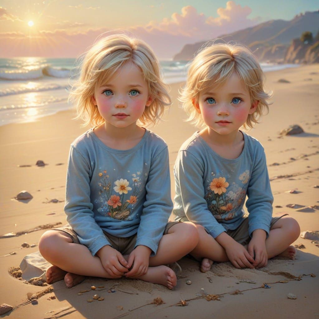 Twins at the Beach in Dreamy Golden Light