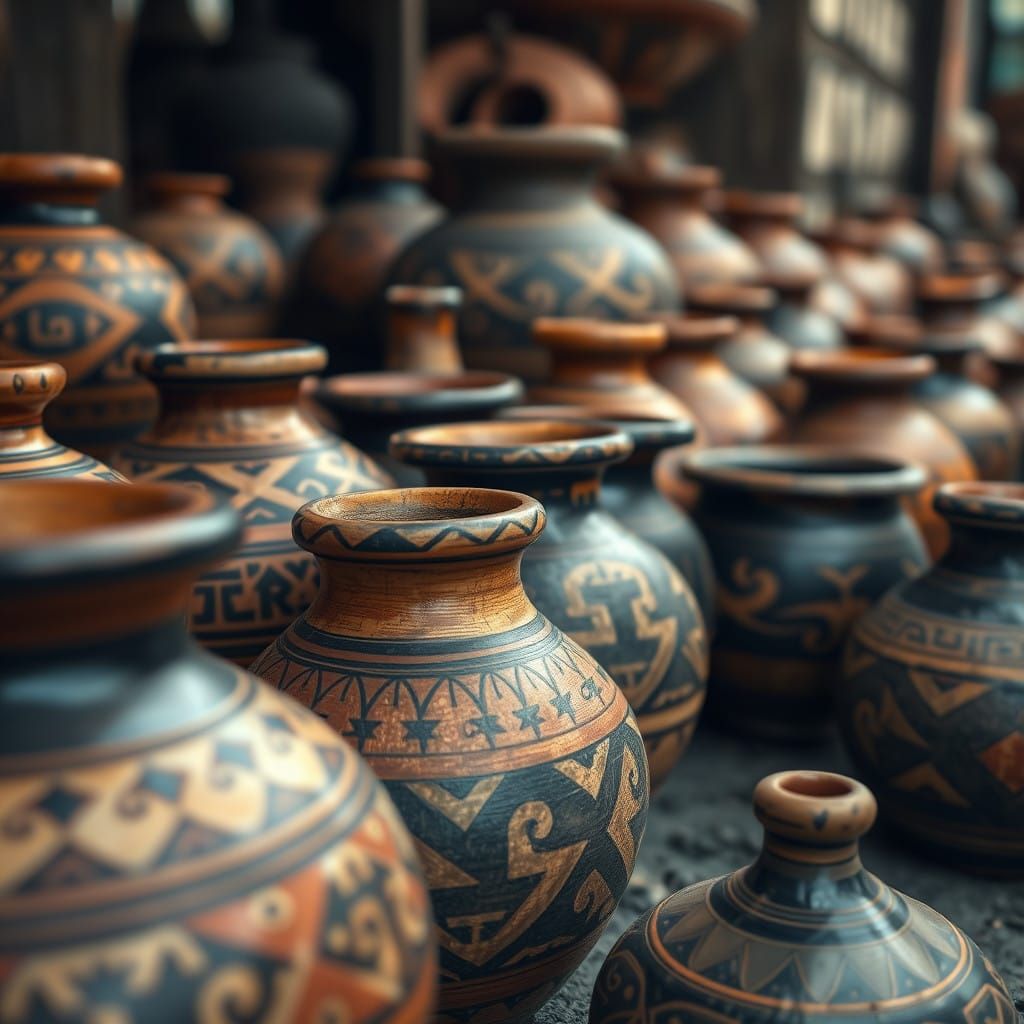 Native American Pottery Masterpieces in Hyperrealistic Detai...