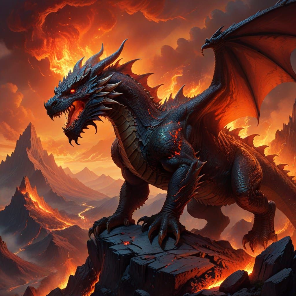 Ancient Dragon Overlooking Inferno Village in Dark Fantasy S...