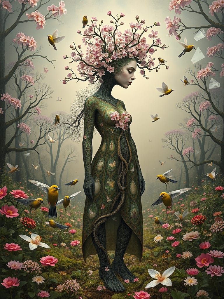 Surreal Tree Goddess in Springtime Landscape