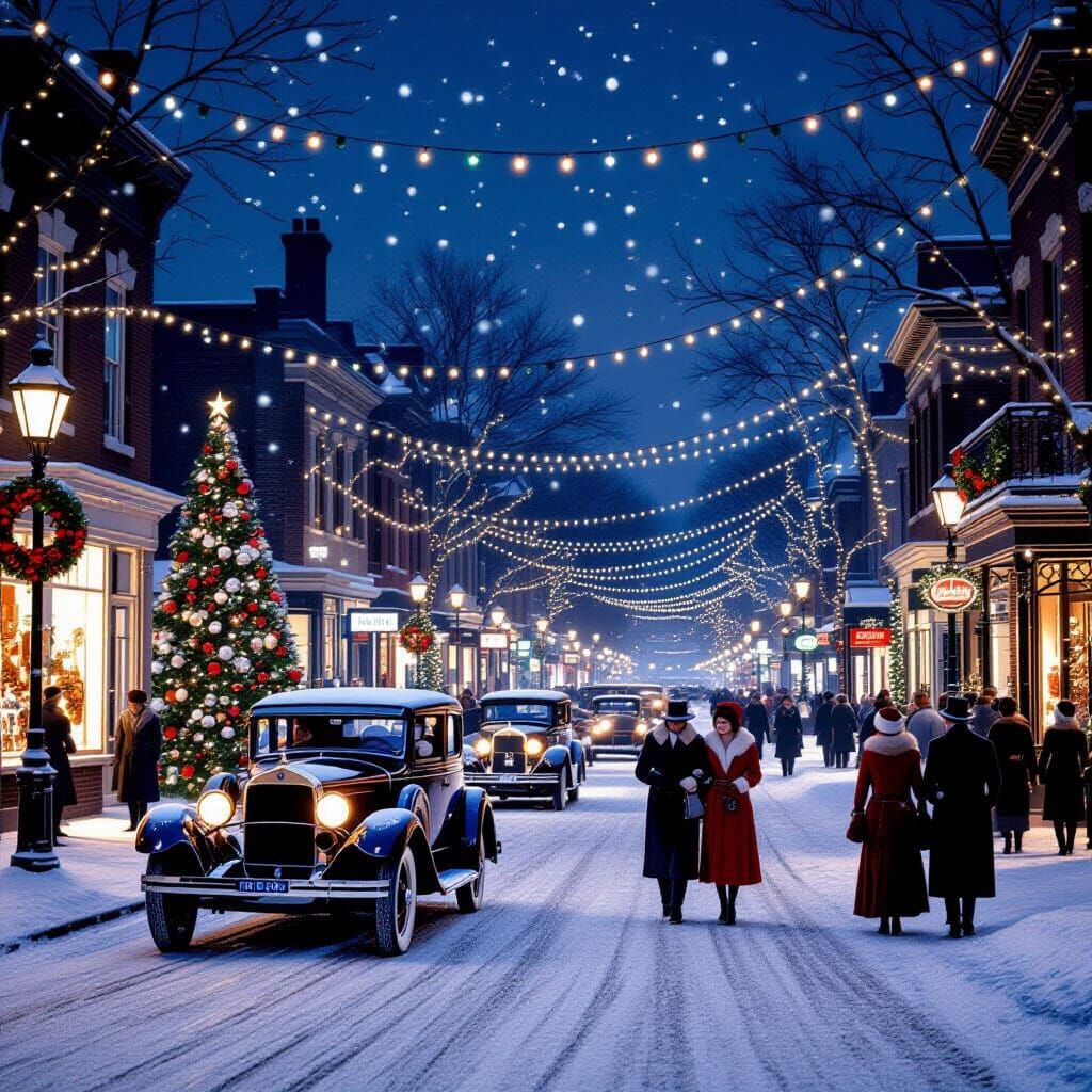 1920s Snowy Christmas Eve Street Scene