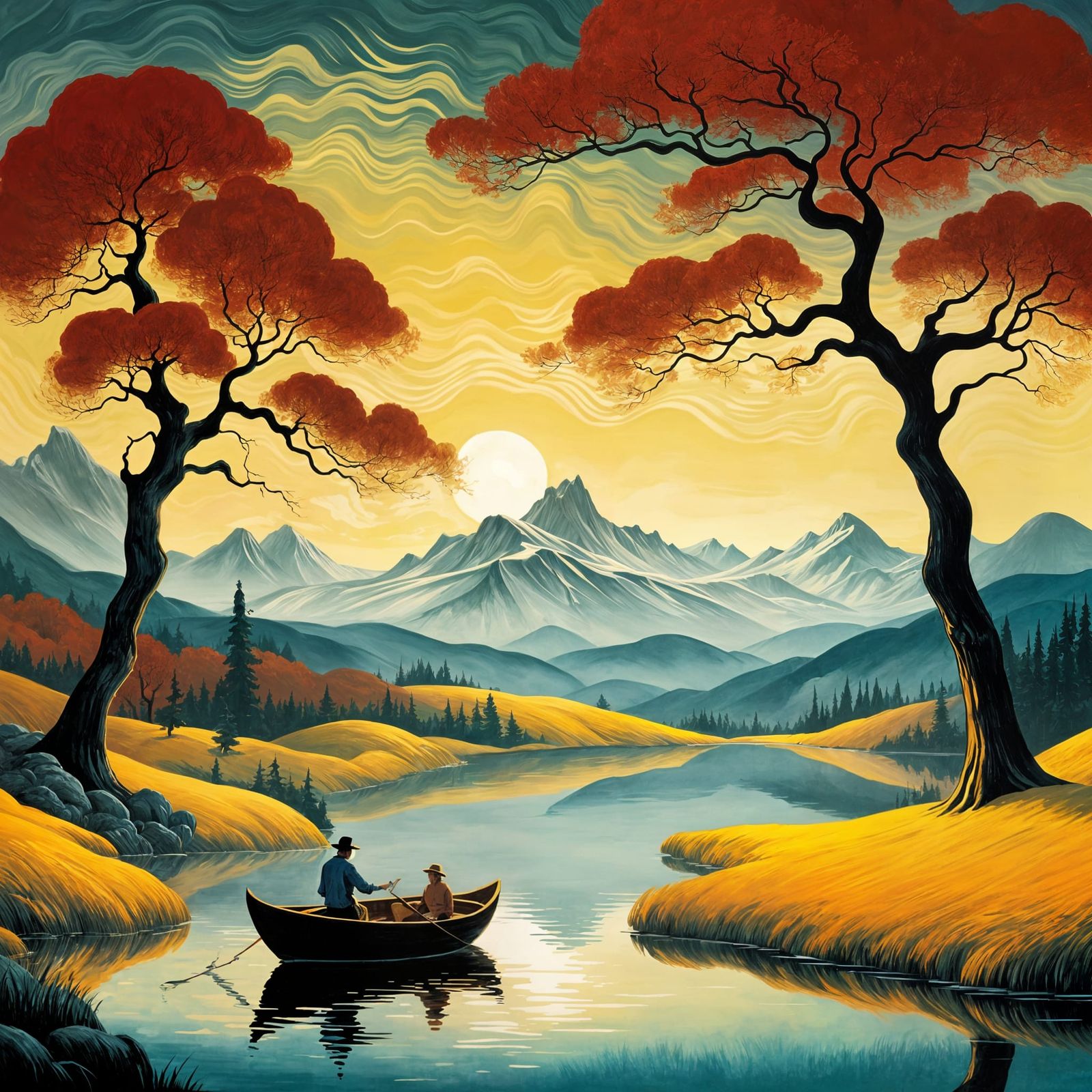 Golden Dog and Man Admire Sunrise in Van Gogh Style