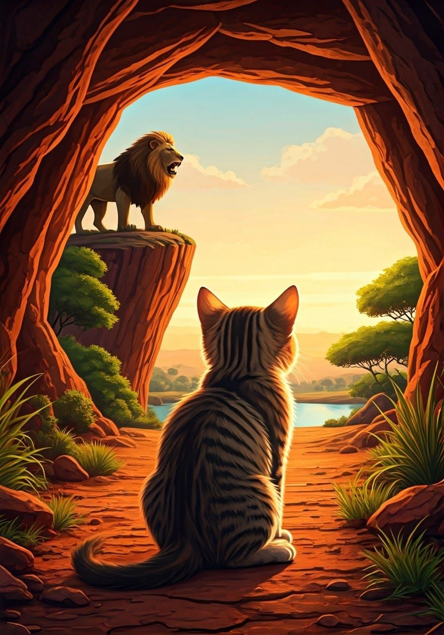 Kitten's Admiration: Lion Cliff in Safari Sunset