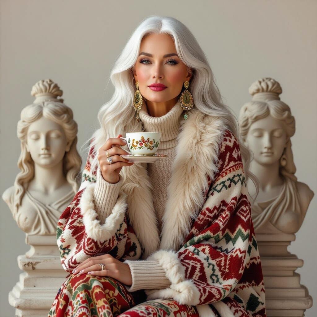 Elegant 70s Woman with White Hair Poses with Coffee