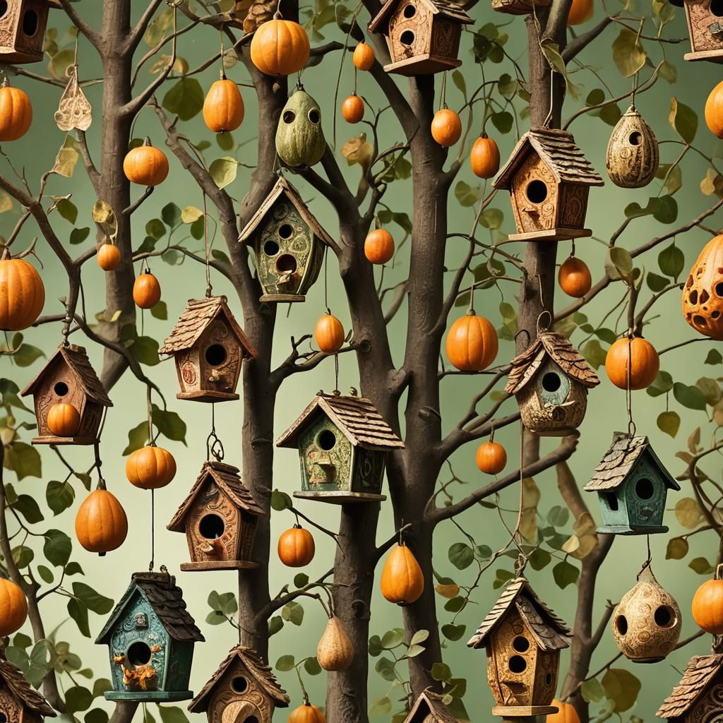 Gourds Carved into Birdhouses: Naive Still Life
