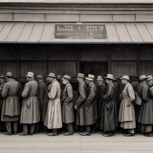 Great Depression: Men Wait in Soup Kitchen Line