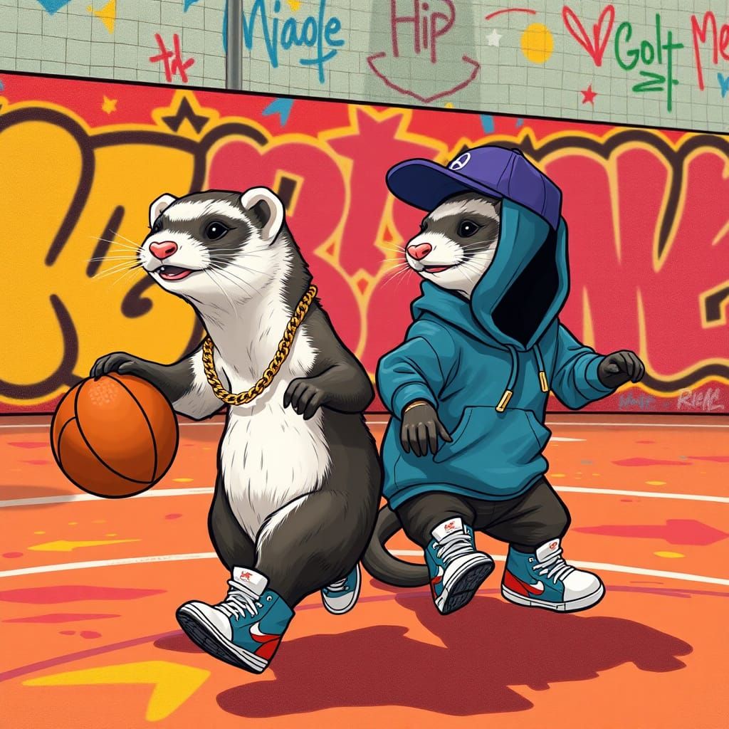 Hip Hop Ferrets Play Basketball on Graffiti Court