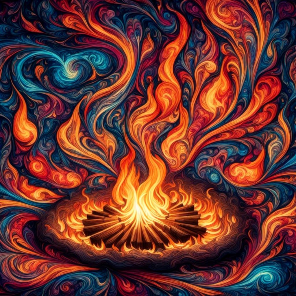 Friends Laughing and Singing by Campfire with Fractals