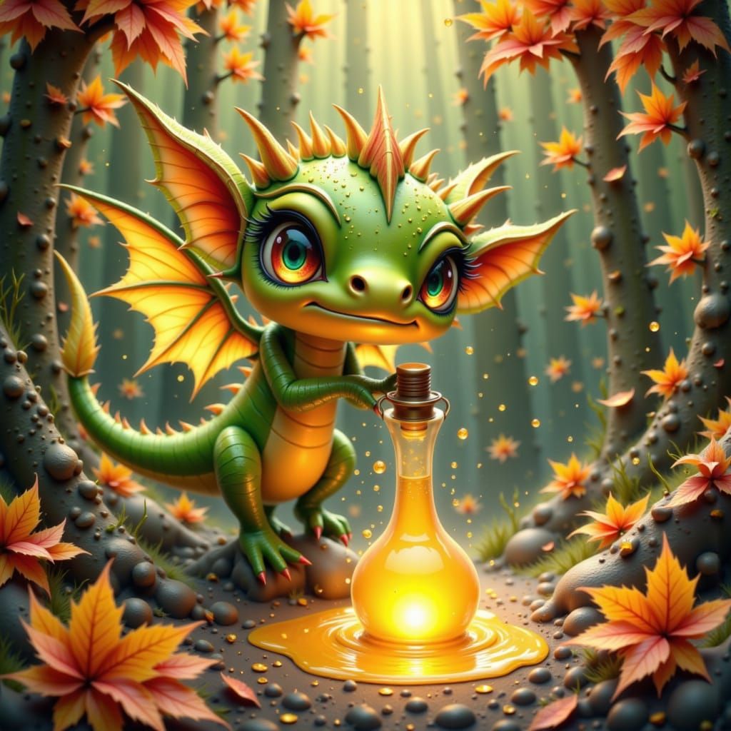 Dragon-Fairy Pours Autumn Potion, Spreading Fall Colors