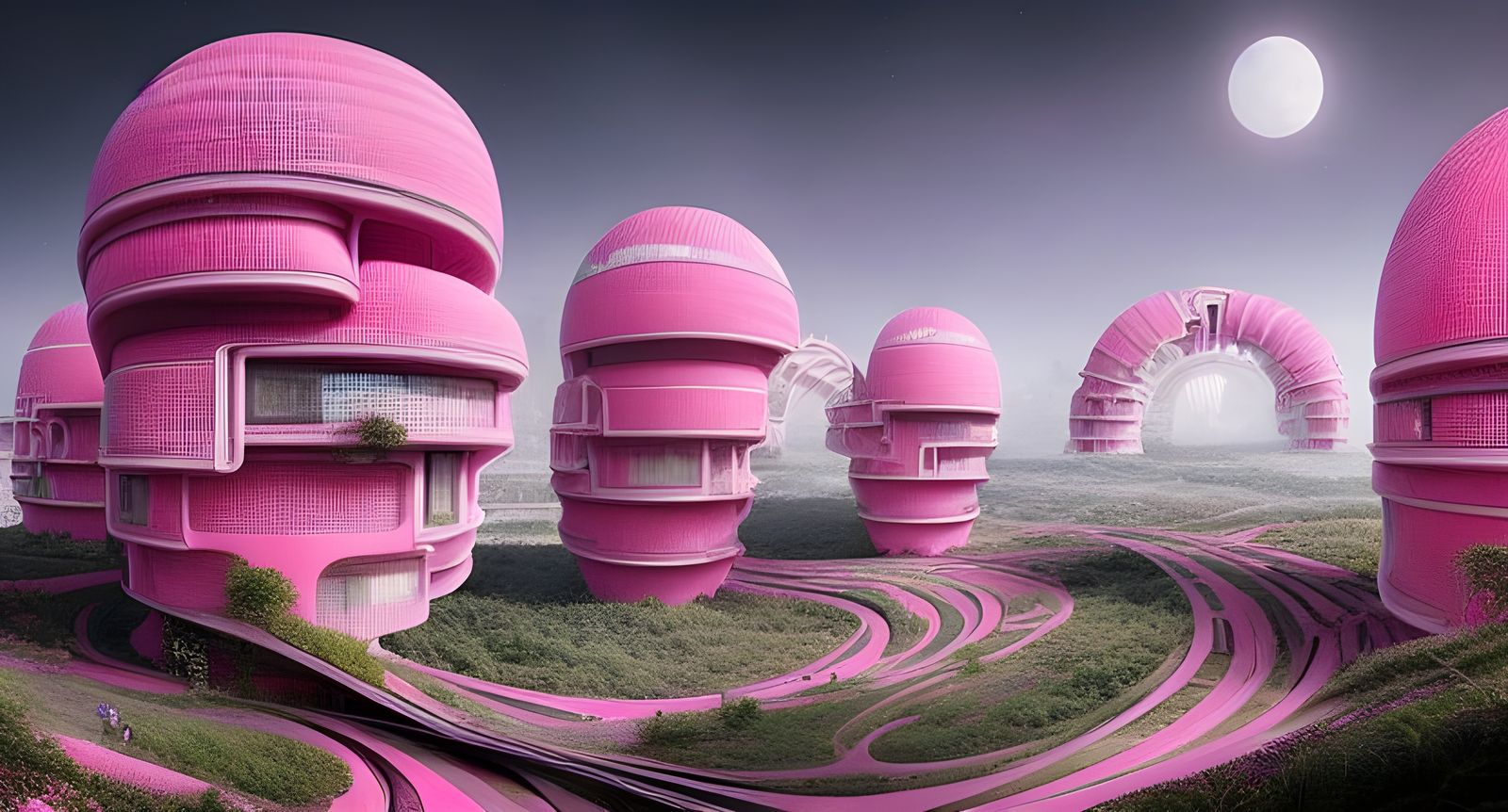 Candy Pink Solarpunk City with Gothic Architecture