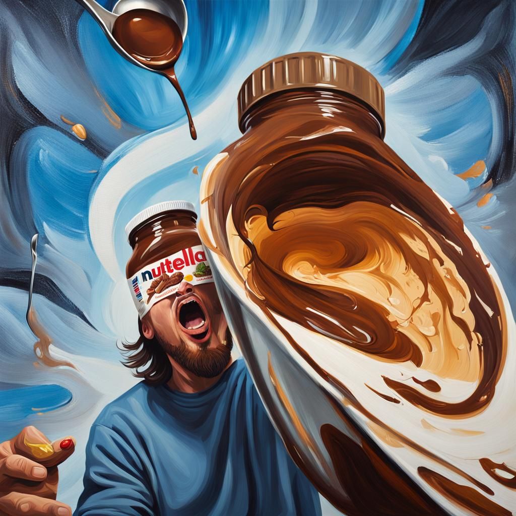 Horrified Man with Nutella Jar: Surreal Oil Painting