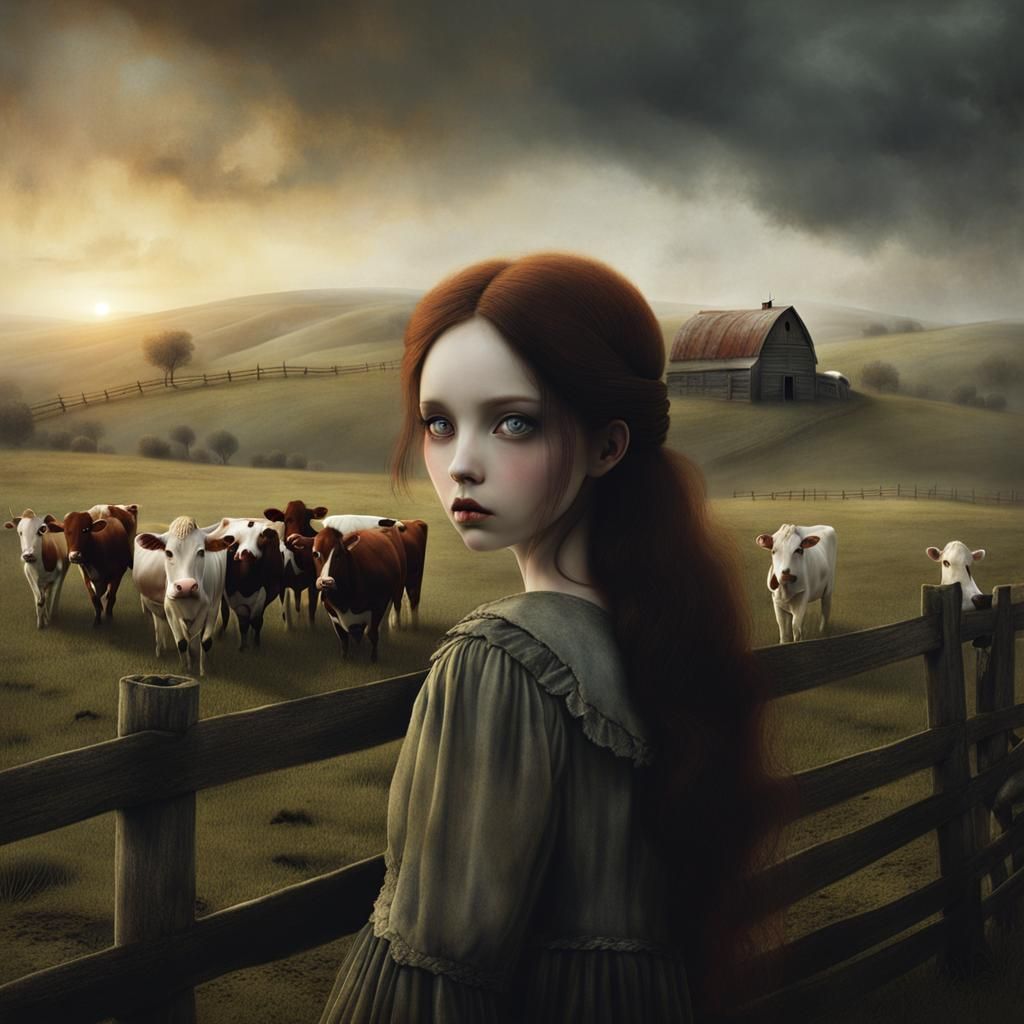 Surreal Farm Girl at Sunrise in Dark Fantasy Style