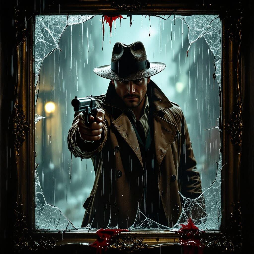 Noir Detective Aims Gun in Rainy Urban Alley