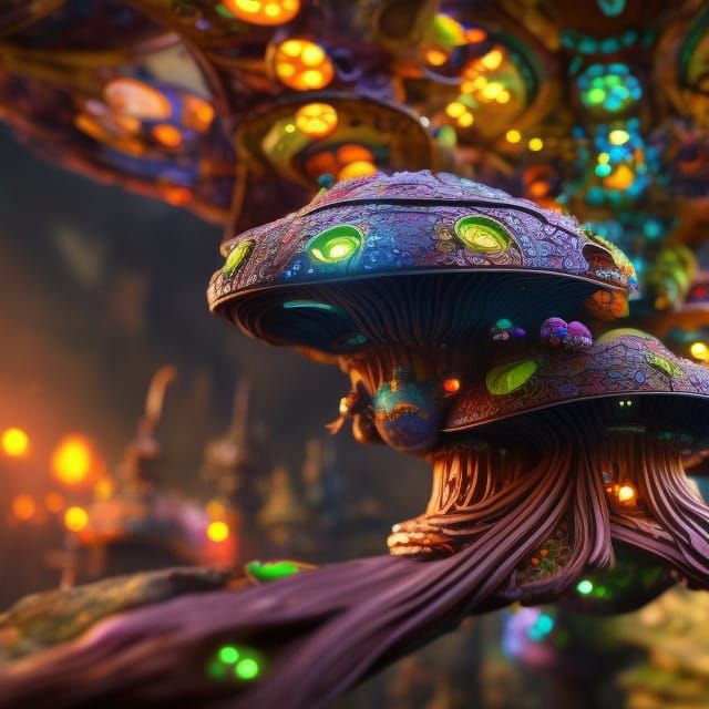 Futuristic Treehouse with Glowing Mushrooms, Digital Art