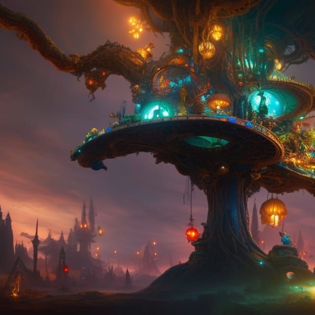 Futuristic Treehouse with Glowing Mushrooms, Digital Matte P...