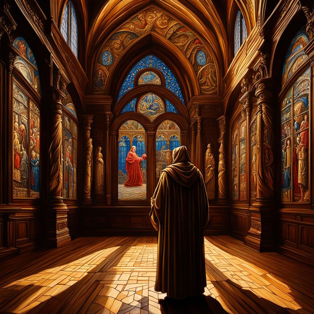 Renaissance Robed Figure in Hall with Wood Carvings