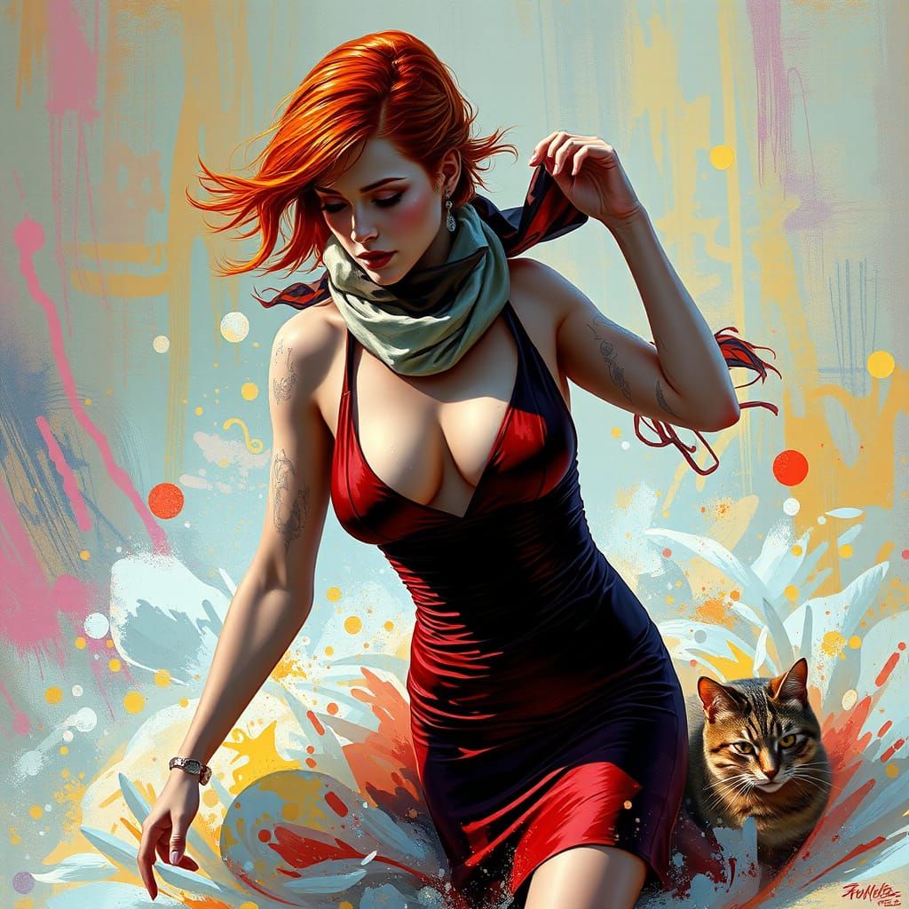 Woman with Cat Walking in Foam, Splash Art