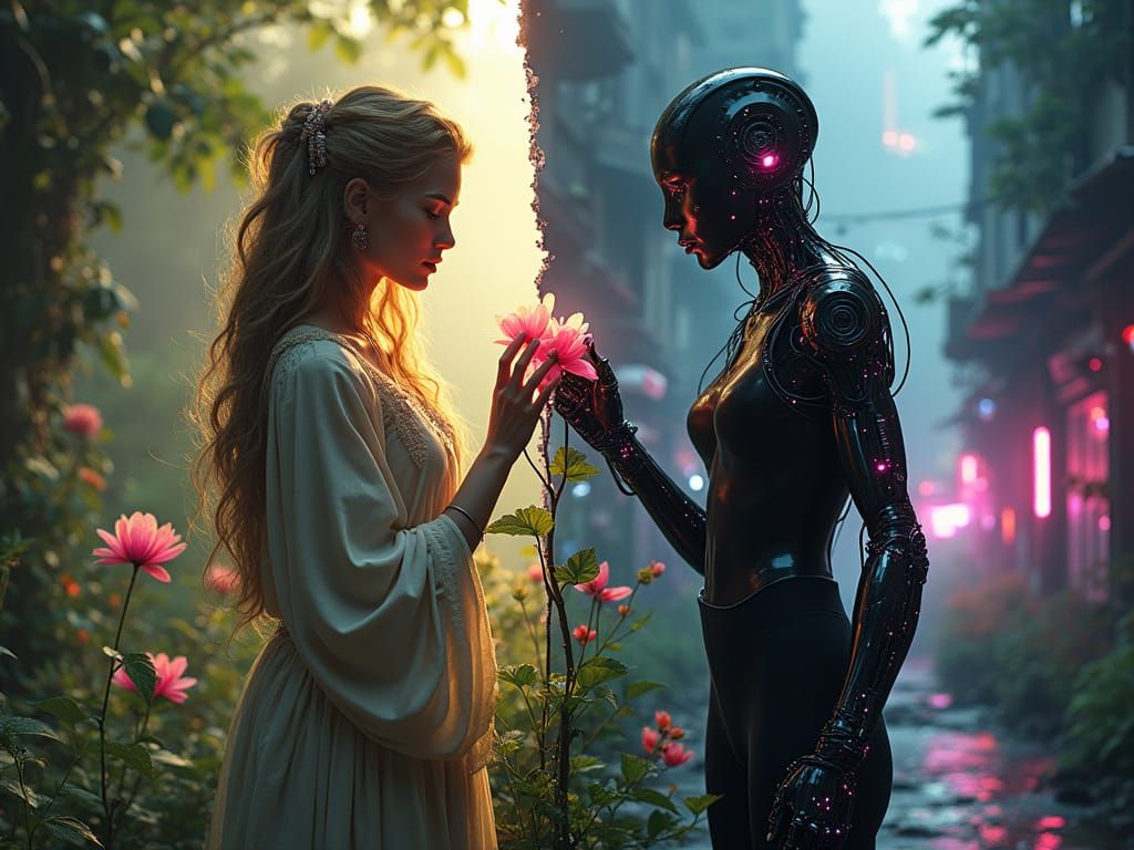 Druid and Cyborg Contrast in Cyberpunk Style