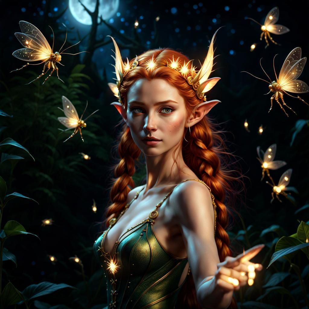 Ginger Elf Queen Dancing with Fireflies