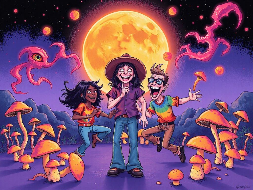 Psychedelic Cartoon Ritual Under Mushroom Moon