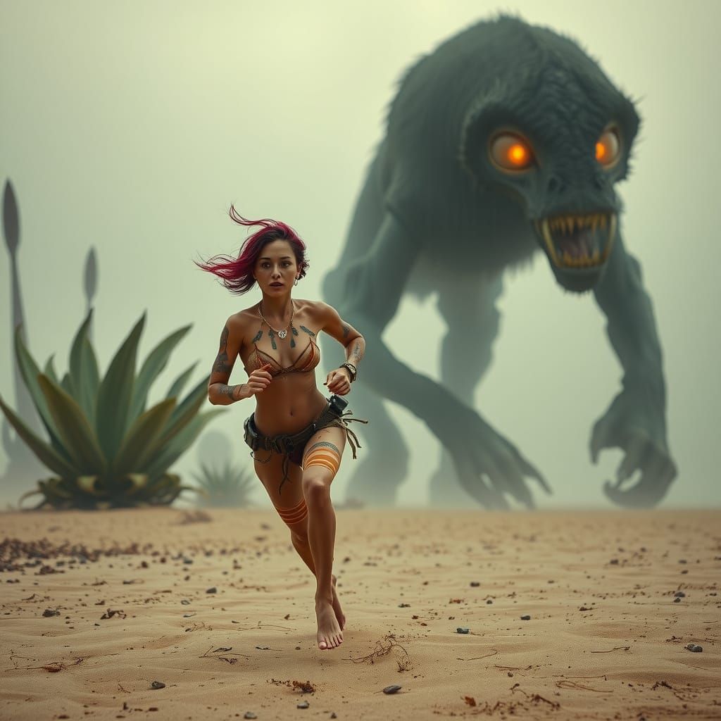 Sensual Explorer Fleeing a Dark Furred Alien in a Desolate S...