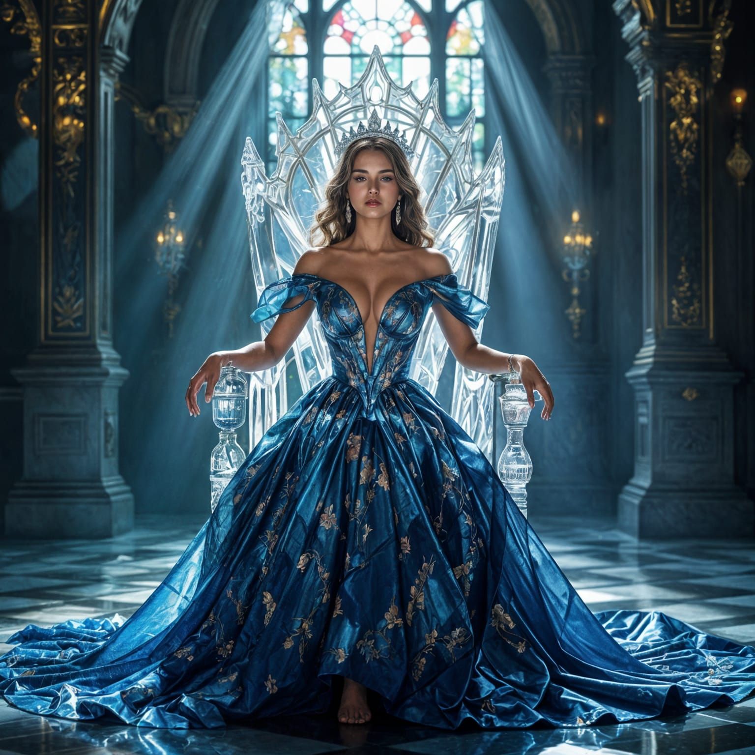 Queen in Stained-Glass Gown on Crystal Throne
