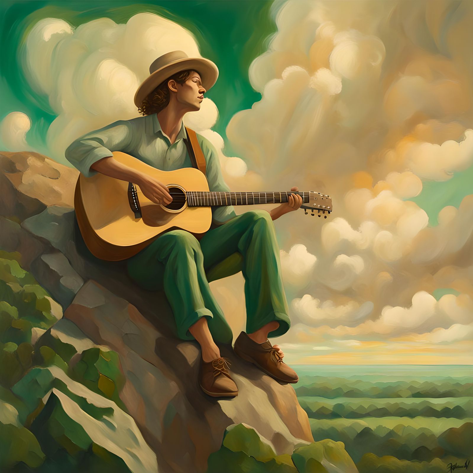 Folk Singer Leaning Against Rock in Sky