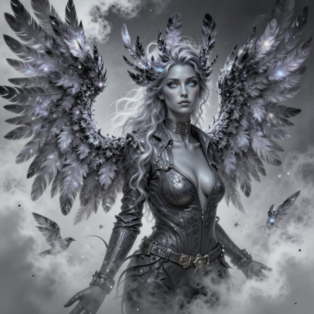 Featherborn Character with Silver Eyes and Runes