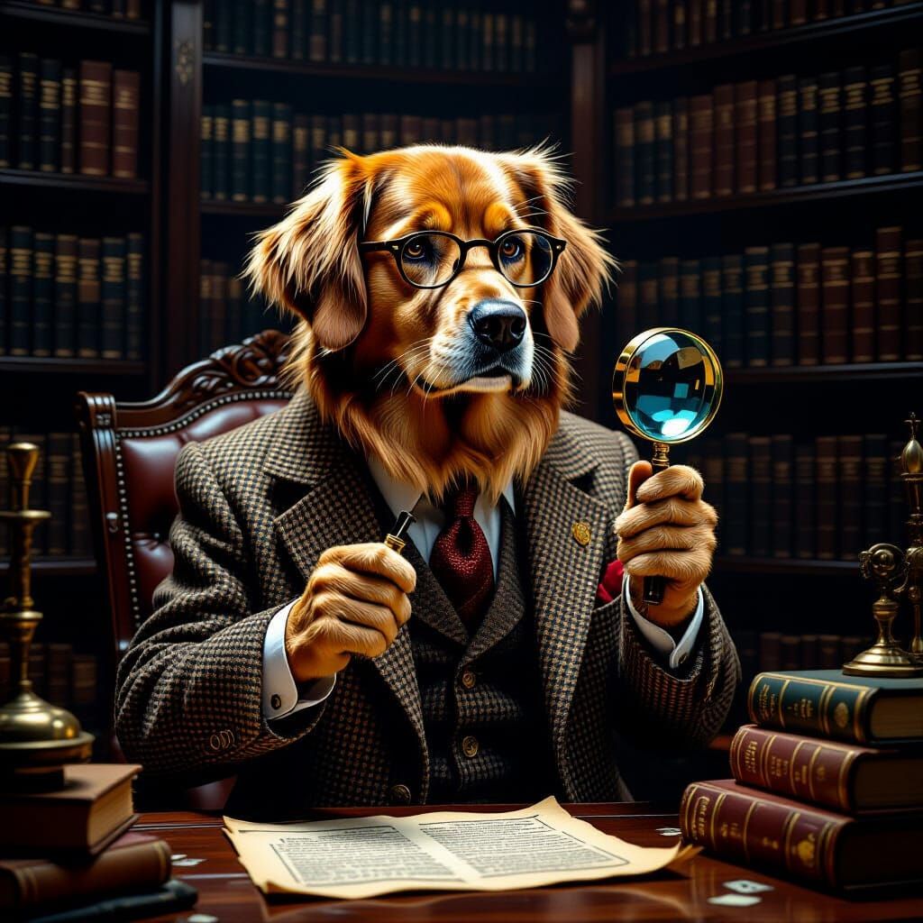 Golden Retriever Detective in Noir Library Scene