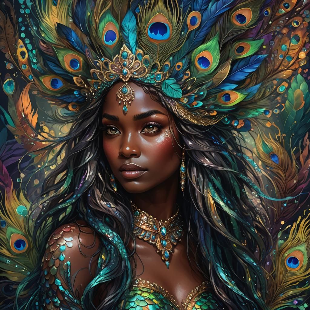 Peacock Mermaid Digital Portrait in Maximalist Style