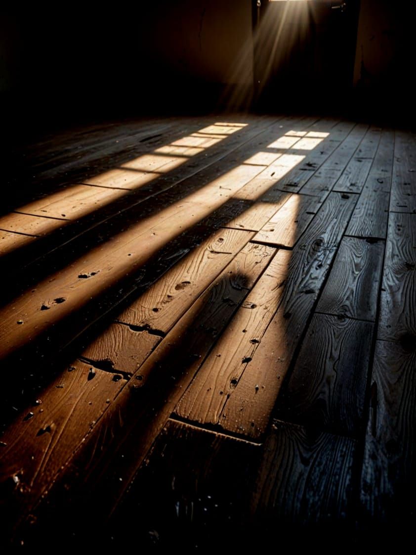 Hyperrealistic Closeup of Sunlight on a Dirty Floor