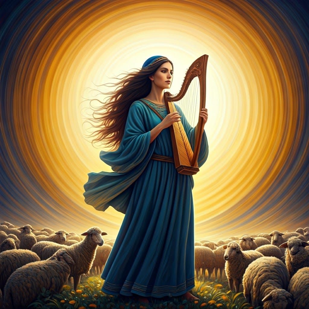 Hasidic Shepherdess in Traditional Attire, Playing Harp with...