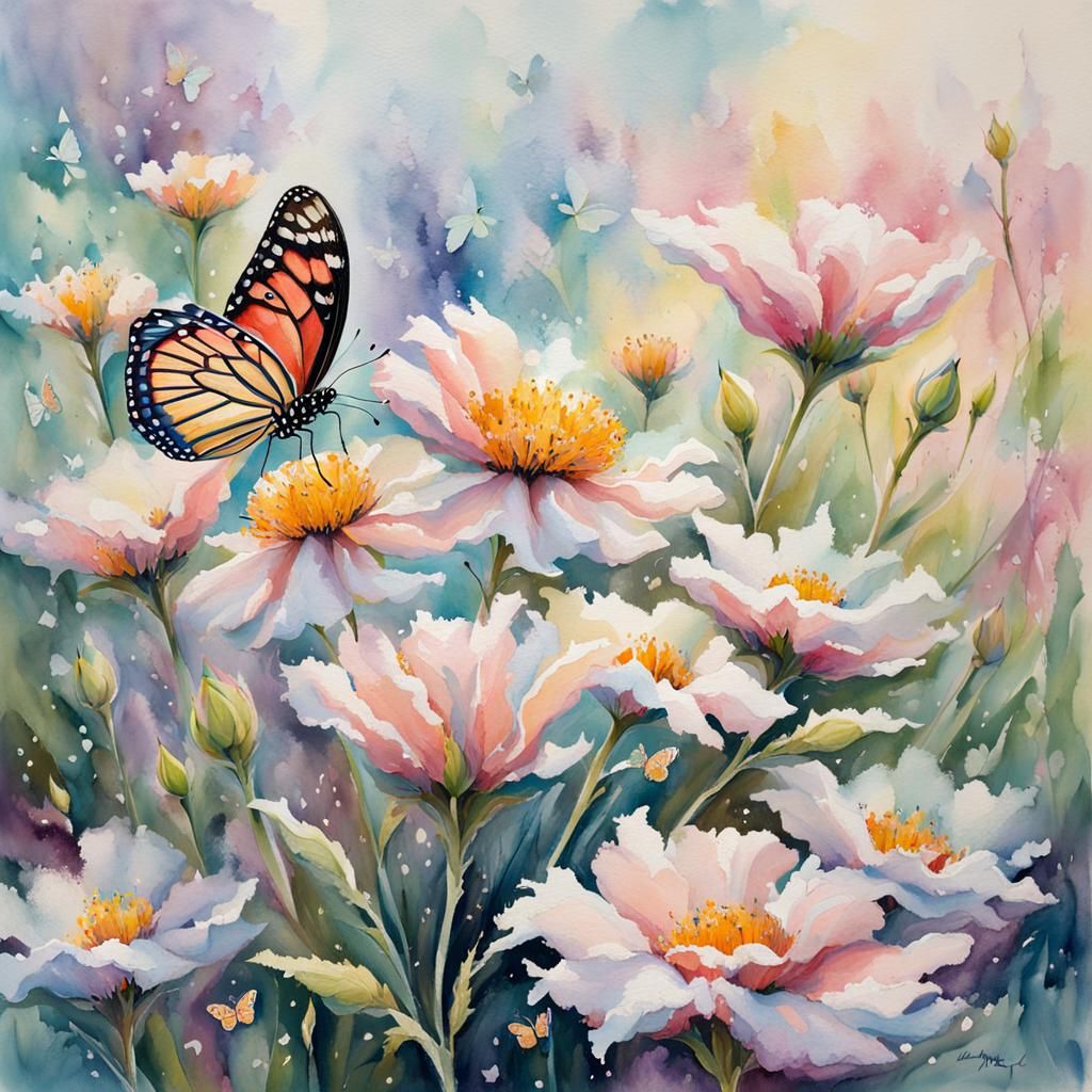 Pastel Flower Blooms in Springtime Watercolor