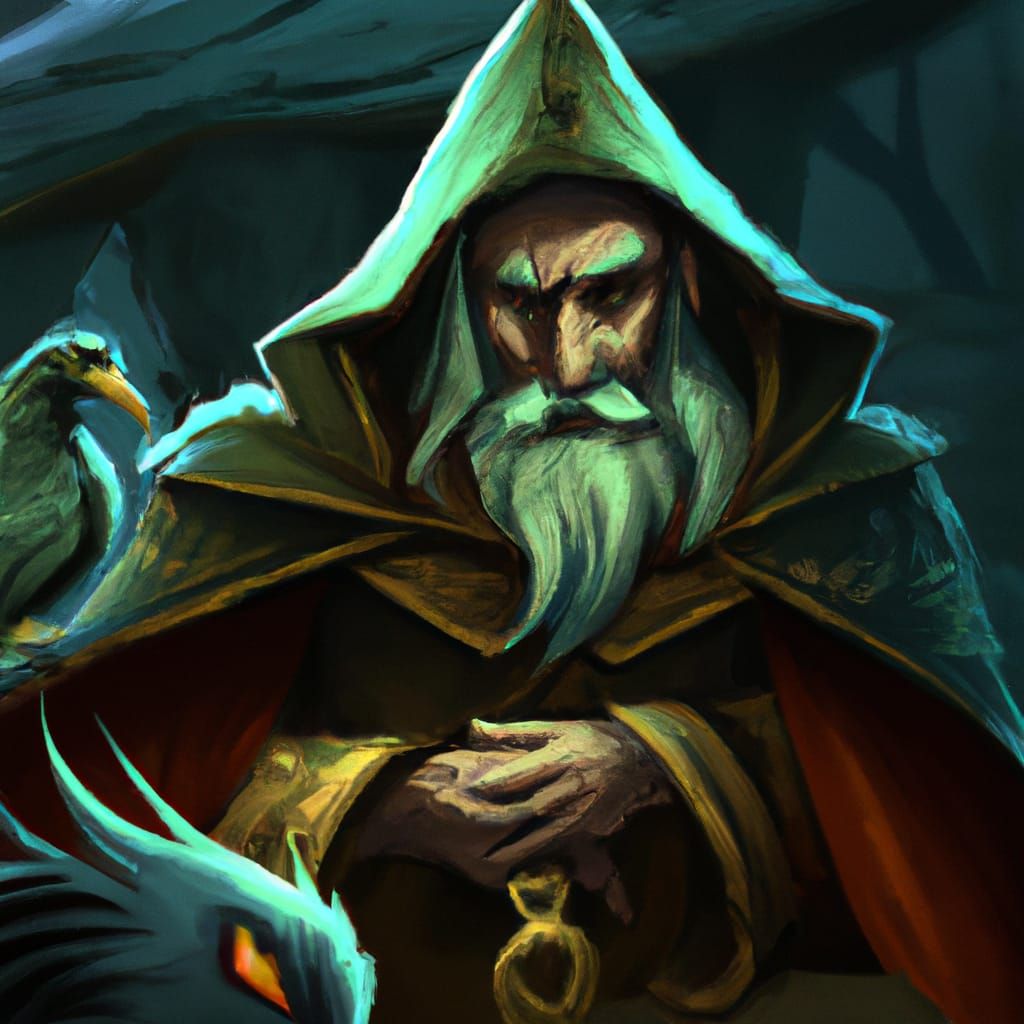 Evil Sorcerer Portrait in Lair with Familiar