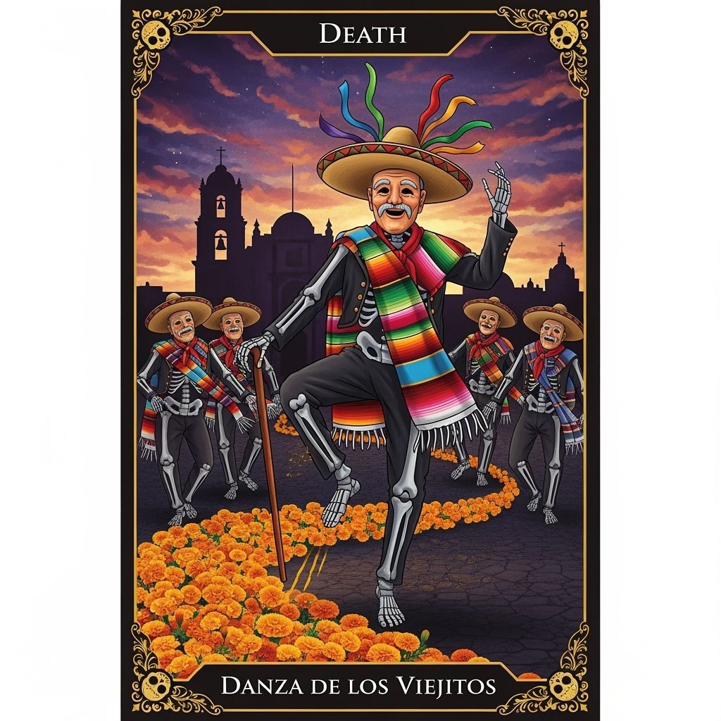 a tarot card representing  Death using Danza de los Viejitos...