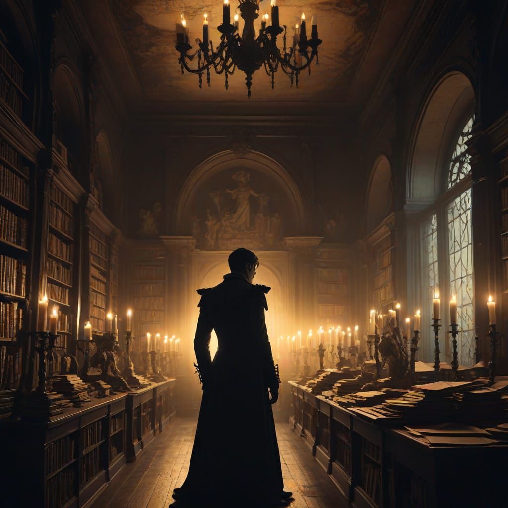 Gothic Writer Enveloped by Skeletons and Ancient Tomes