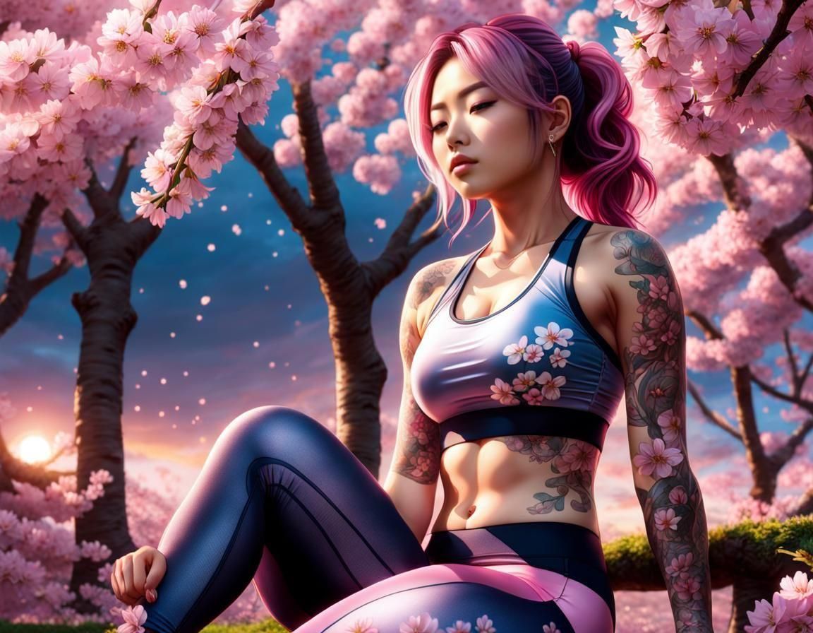 Sweaty Japanese Woman Meditating Under Cherry Blossom Tree