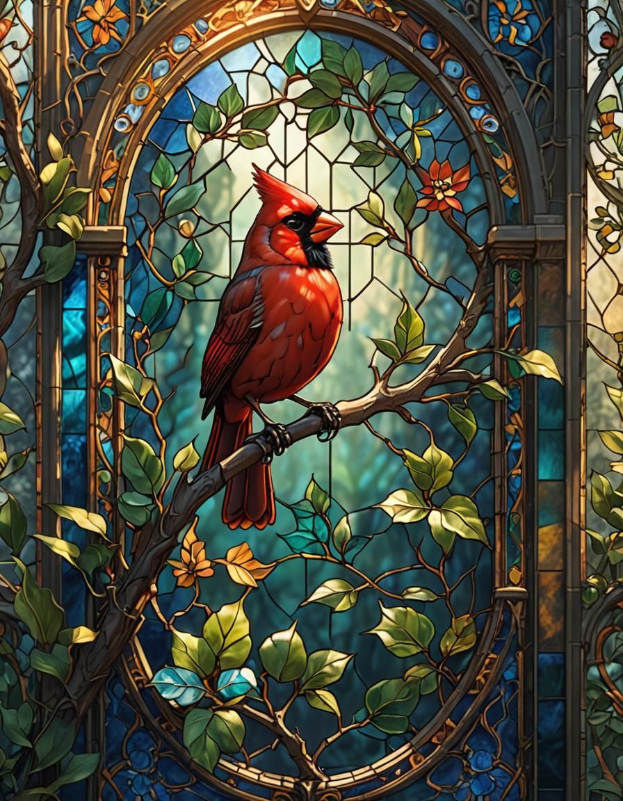 Cardinal on Stained Glass Branch in Mystical Realism