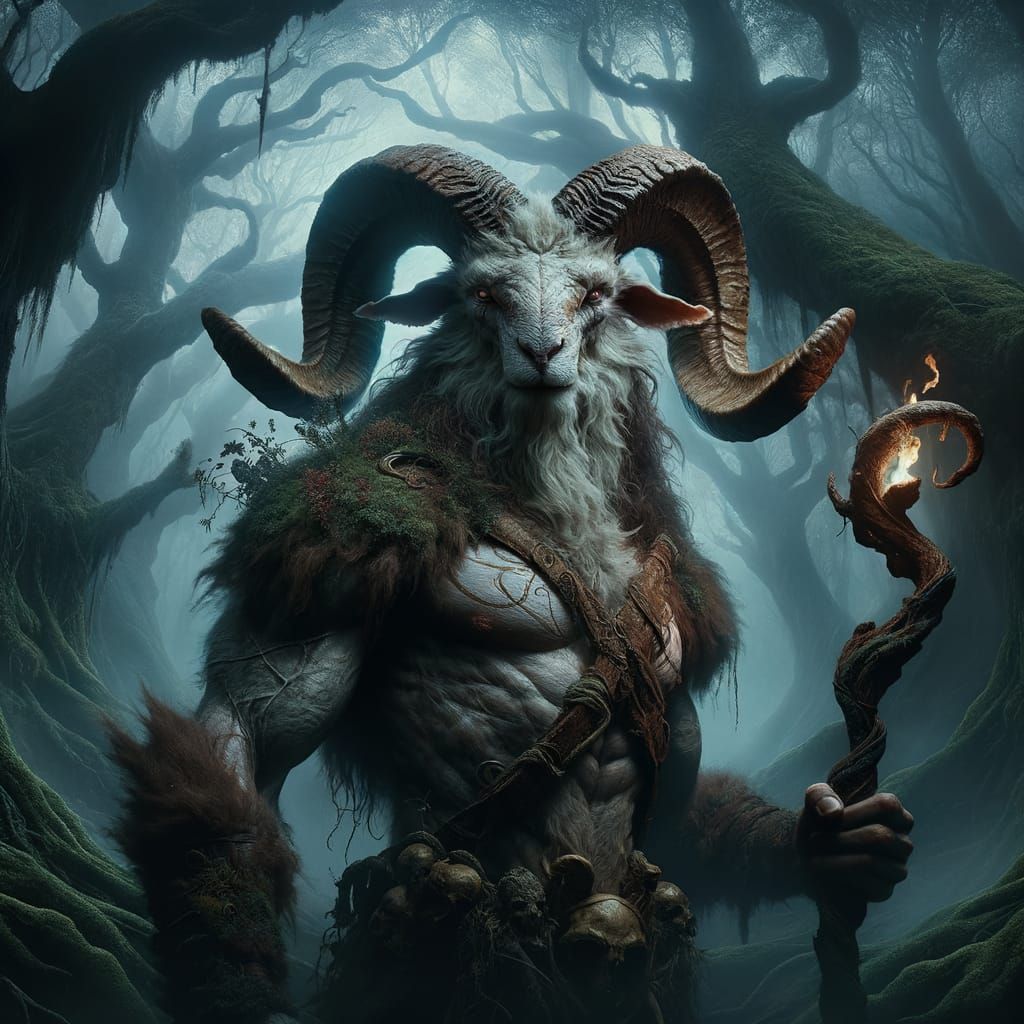 Mysterious Ram-Headed Man in Eerie Forest