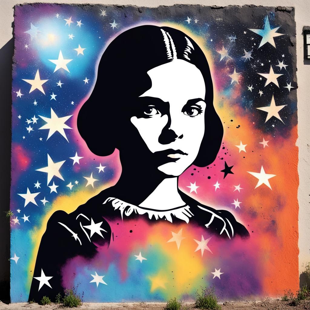 a stencil portrait graffiti of Wednesday adams on a graffiti wall, featuring a cosmic-themed portrait Use stencils to de...