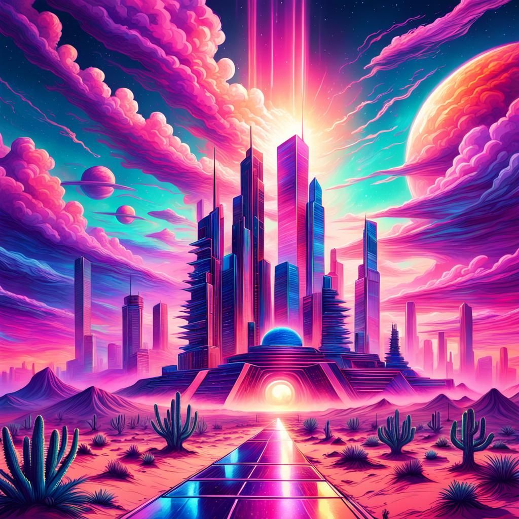 Synthwave Desert City Sunset: Holographic Illustration