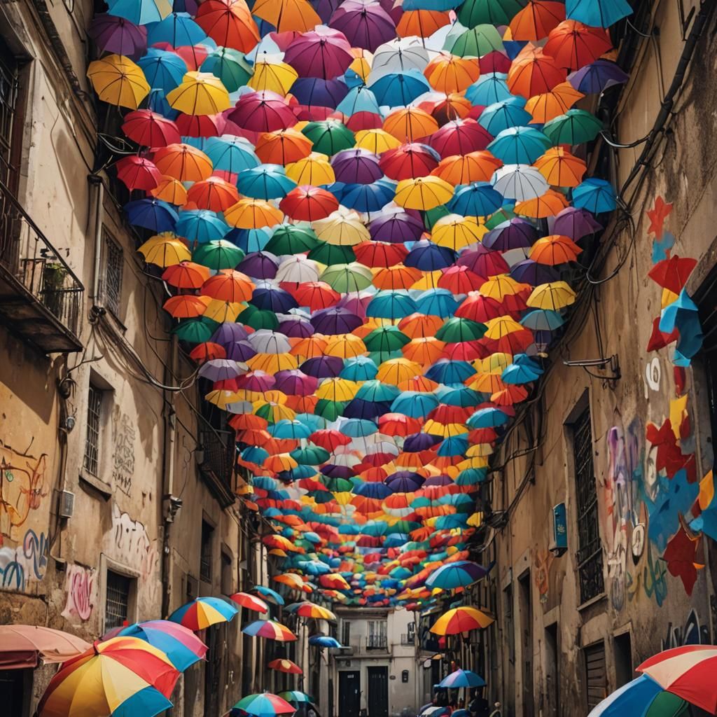 Quilt of floating colourful umbrellas covering a narrow street in Águeda, Portugal