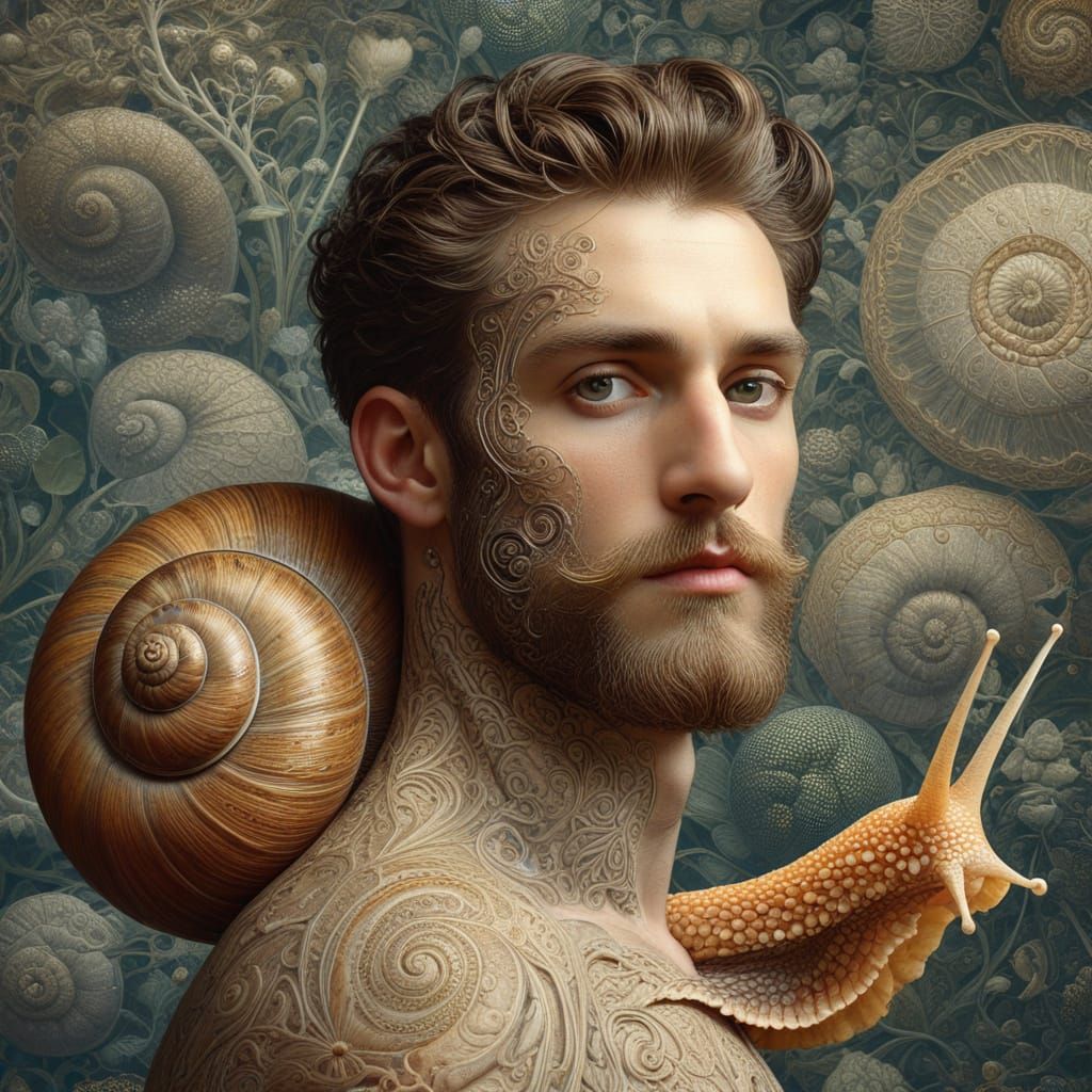 Pre-Raphaelite Portrait: Half-Man, Half-Snail Creature