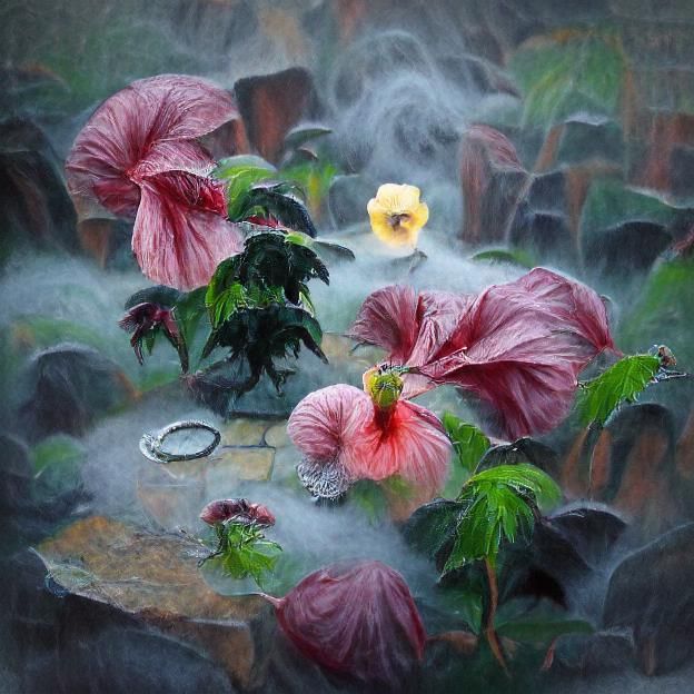Hibiscus Garden on Misty Morning in Naive Art Style
