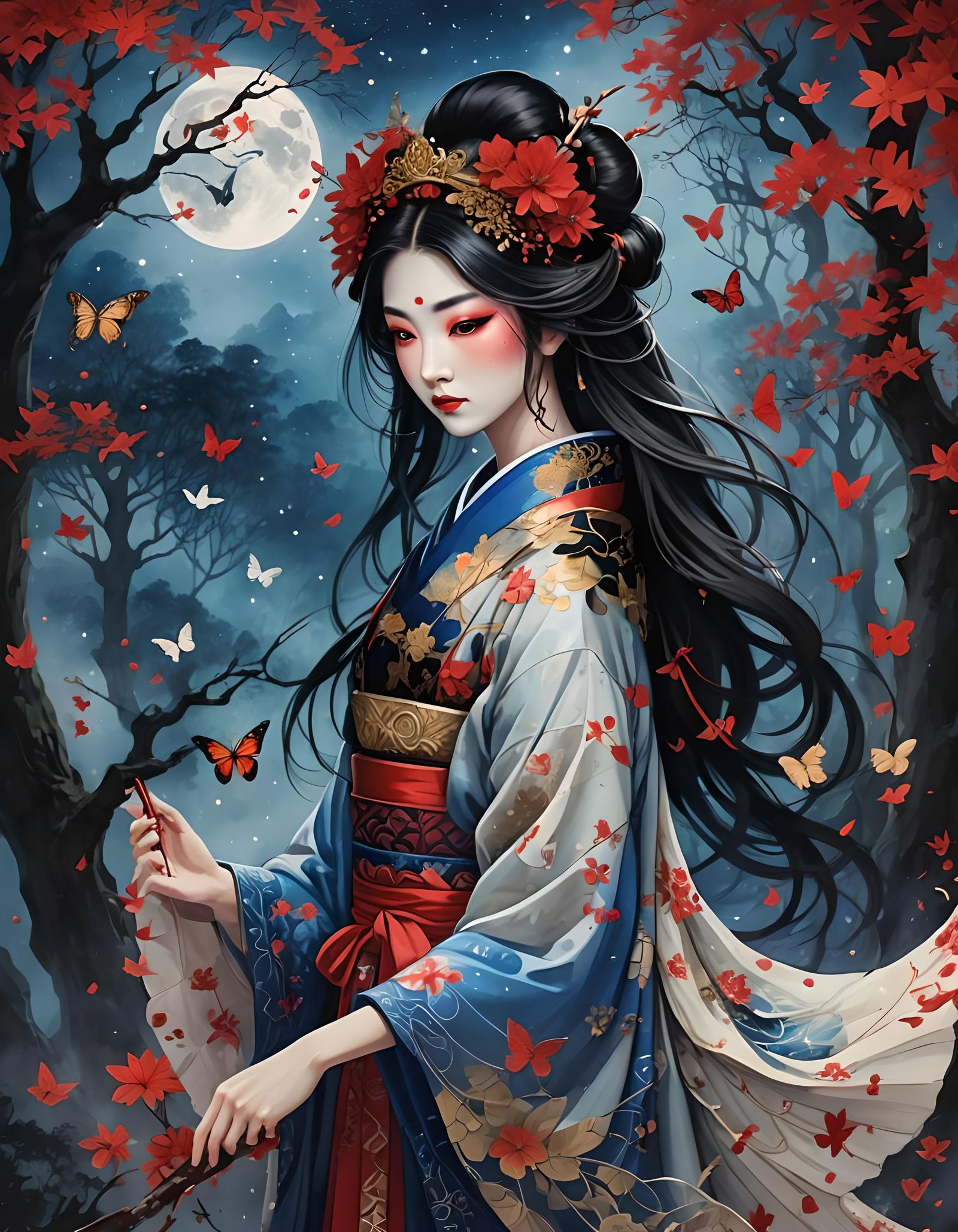 Forest Geisha Fairy with Ink Swirls and Blue Light